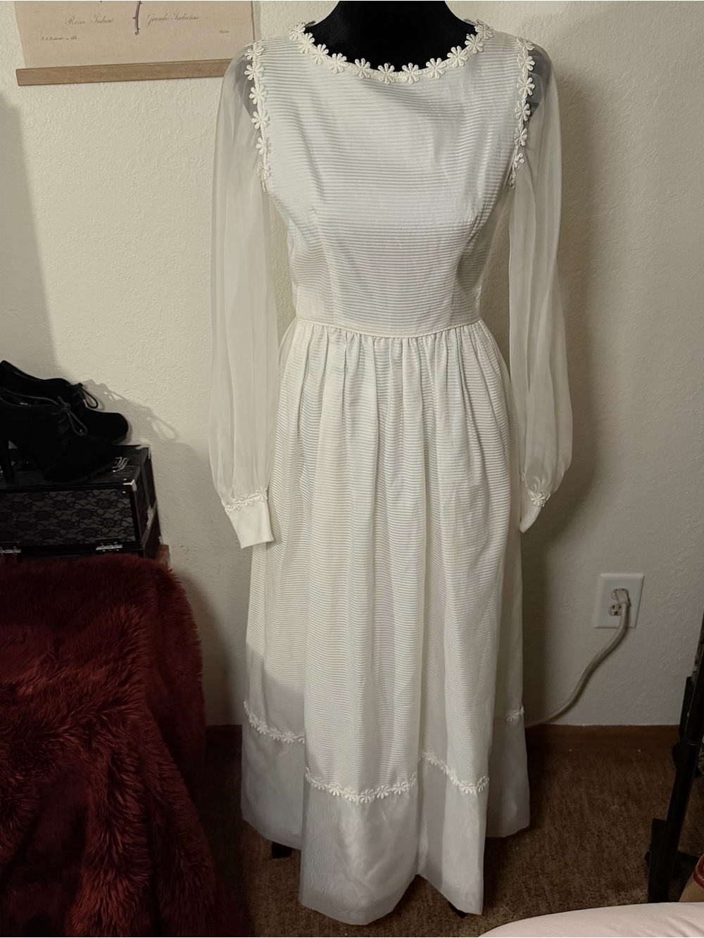 Vintage White Long Sleeve Wedding Dress with Bow, Mesh Sleeves and Floral Detail